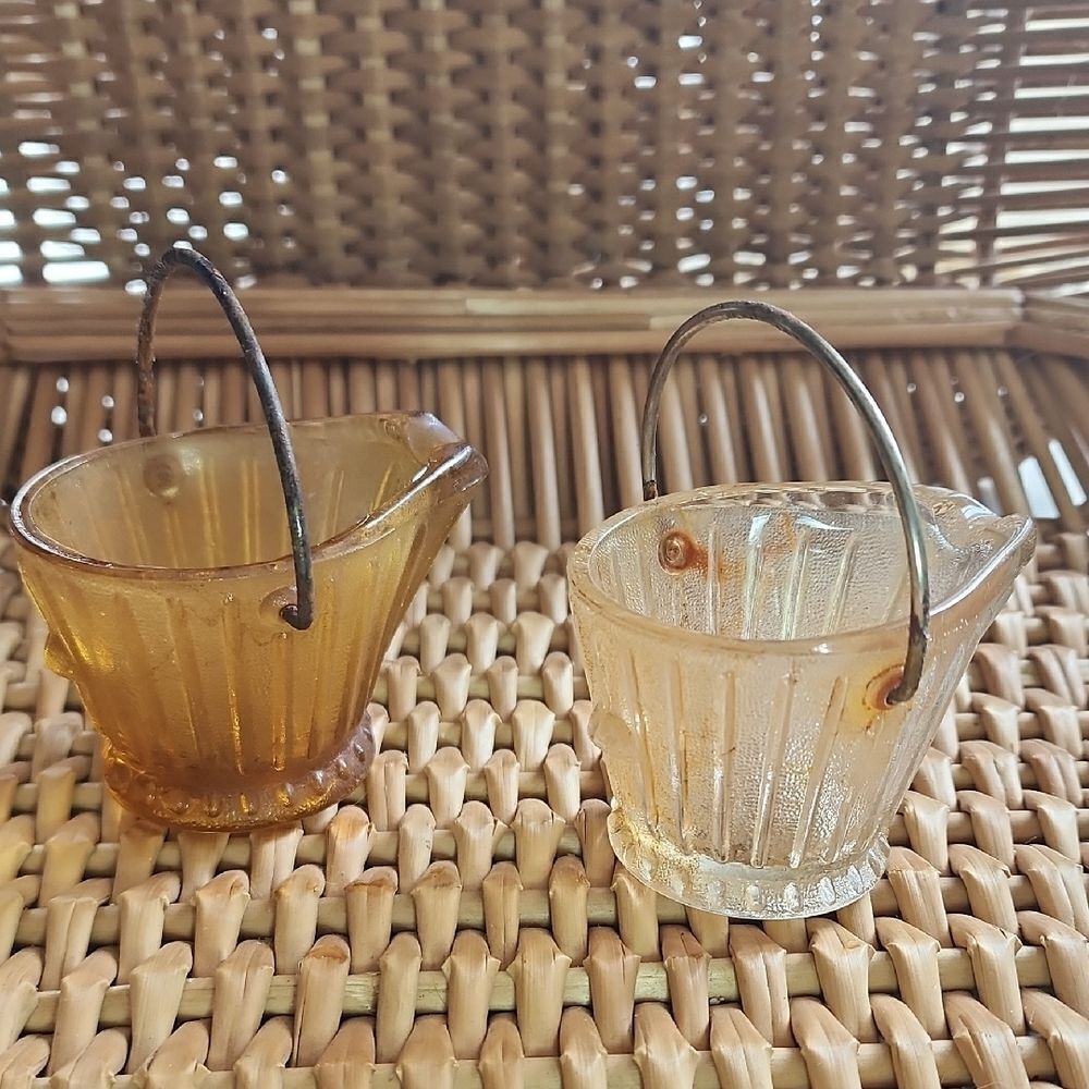 2 Vintage Glass Scuttle Buckets with Wire Handles